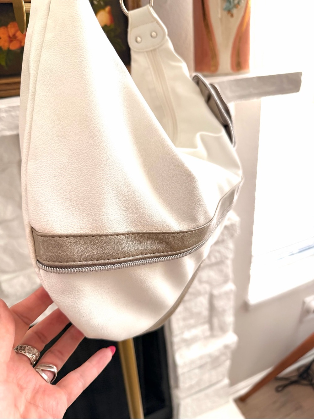 White Taupe Zipper Rose Hobo Shoulder Bag Y2K Statement Purse - Picture 3 of 8